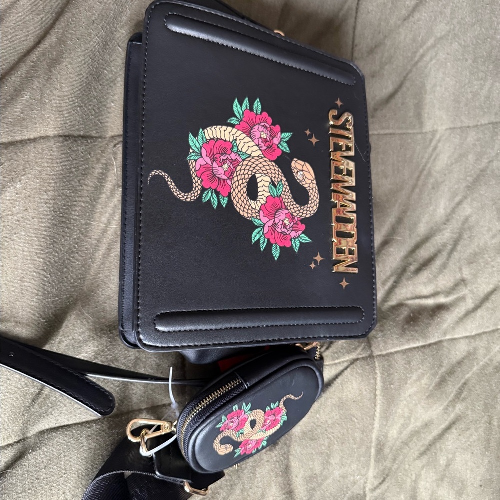 Steve Madden Black Crossbody Bag with Snake and Floral Embroidery